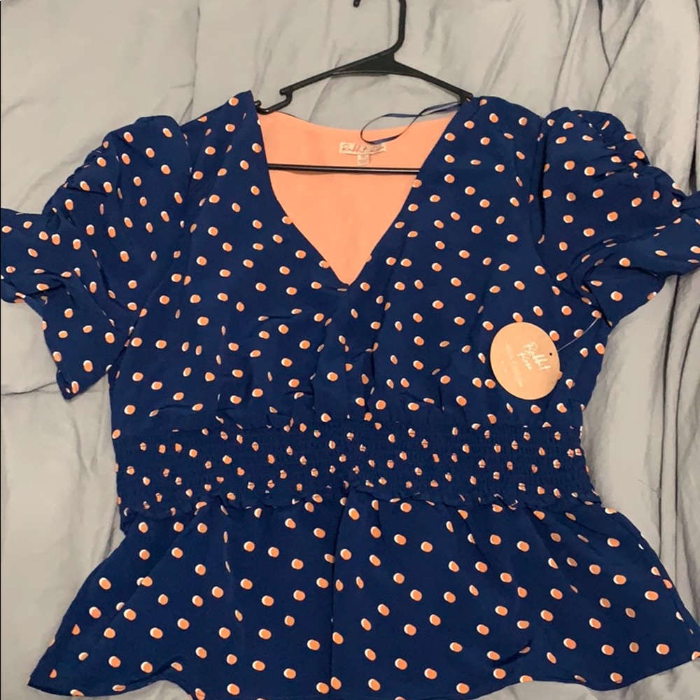 Stunning blue blouse with orange polka dots